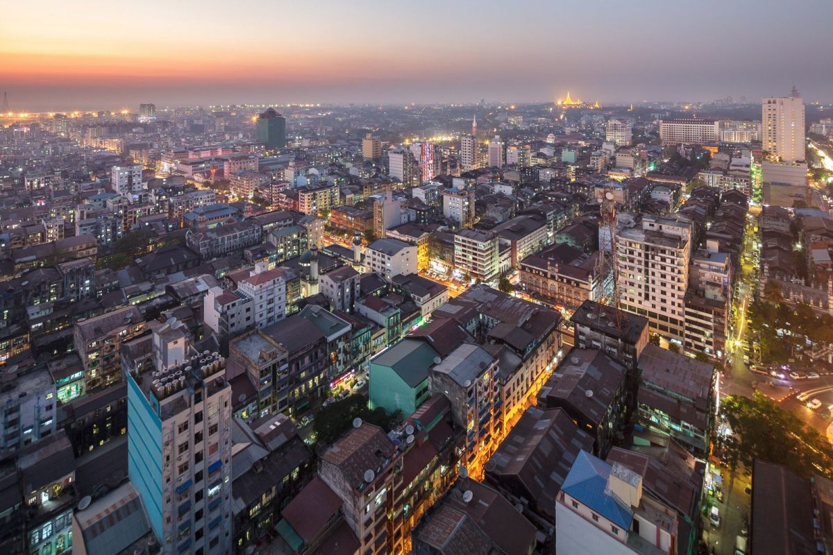 drone shot of Yangon City as the sun sets