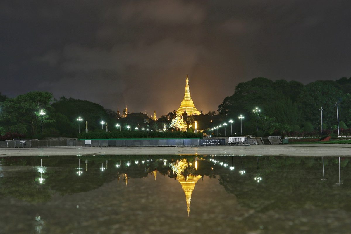 a quiet and peaceful night at People's Square with the golden pagoda at the background