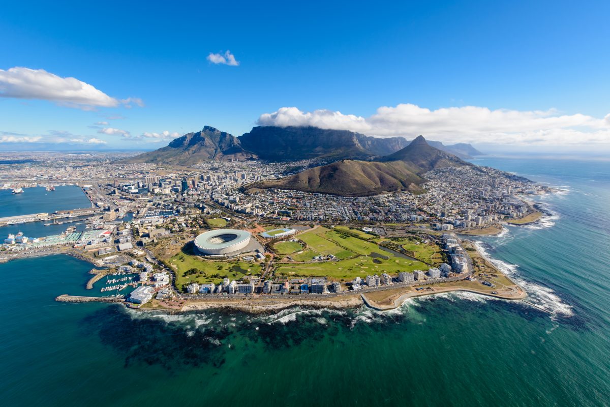 Aerial view of Cape Town, South Africa on a sunny afternoon.