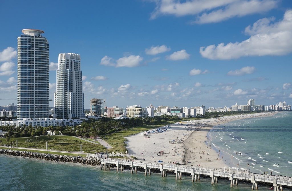 Bird's eye view of Miami's coastline and city center