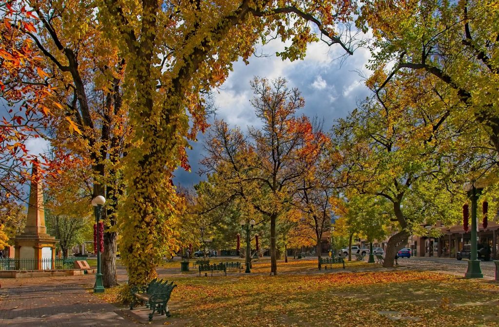 Santa Fe Plaza covered in fall foliage