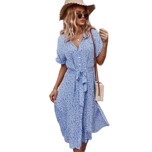 Blue Floral Boho Midi Tshirt Dress