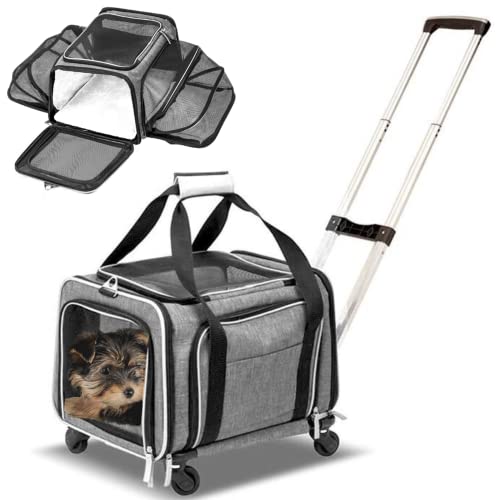 MASKEYON TSA Airline Approved Large Pet Travel Carrier,4 Sides Expandable  with 2 Mesh Pockets,3 Entry,Washable Pads,Shoulder Strap,Soft Sided