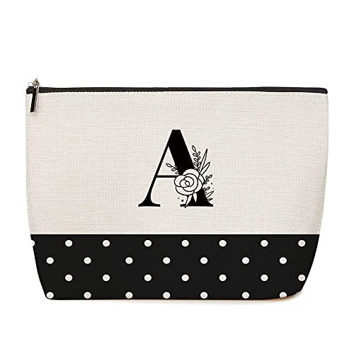 Glamlily Gold Initial S Personalized Makeup Bag for Women, Monogrammed Canvas Cosmetic Pouch (White, 10 x 3 x 6 in)