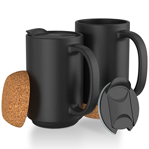 XL Ceramic Coffee Mug w/Lid & Cork Coaster Bottom - 17oz Slideproof Coffee Cups w/Handle - Set of 2 Dishwasher Safe Ceramic Travel Mugs