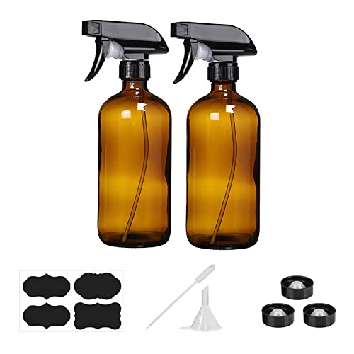 Amber Glass Spray Bottles - 2 Pack for Cleaning Solutions, Essential Oils, Plants, Hair Mister