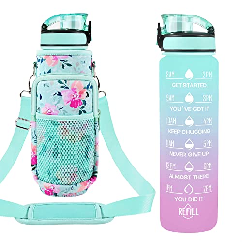 Newfad 32 oz Motivational Water Bottle with Straw