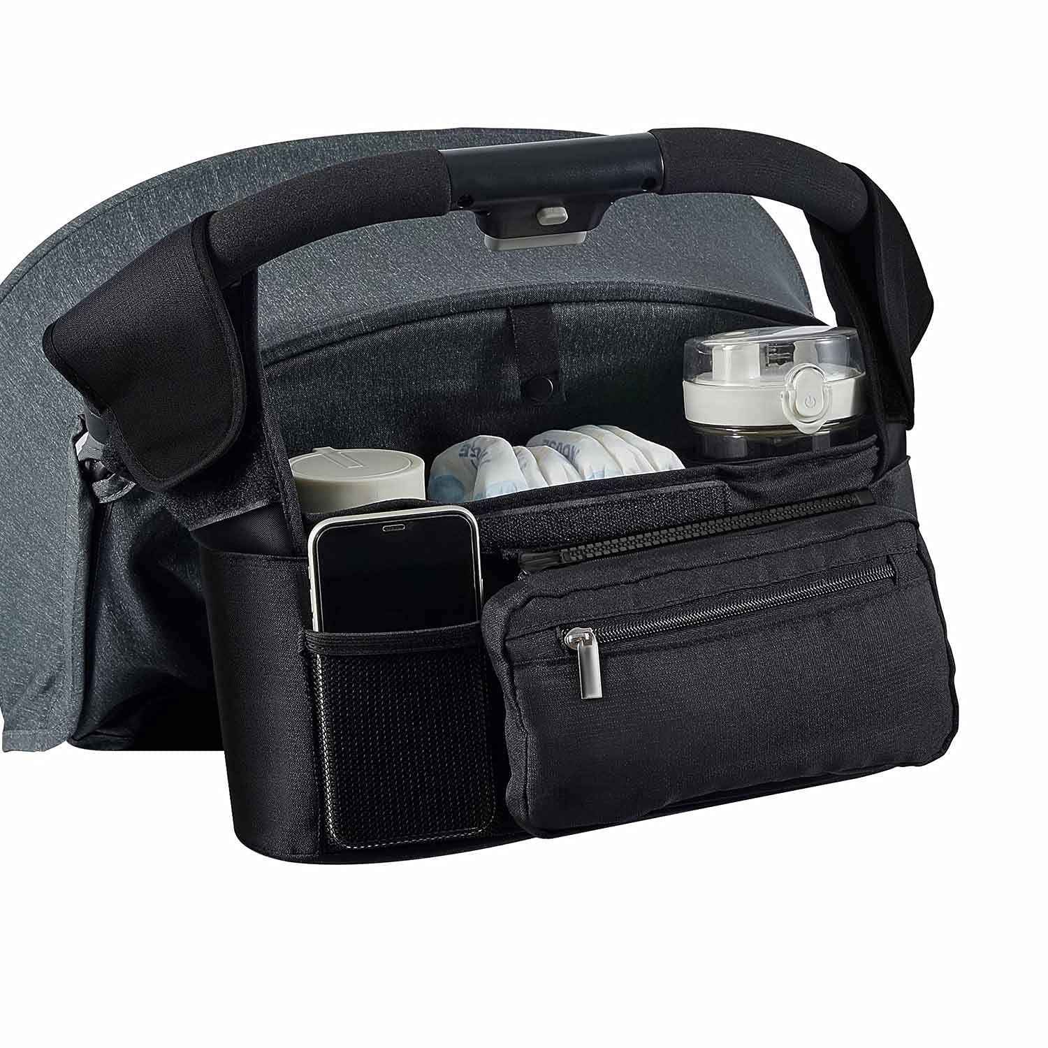 Stroller Organizer Pram Bag Organiser Multifunctional Baby Pram Buggy  Storage Bag with Detachable Pocket, Mobile Phone Pocket, 2 Cup Holders &  Shoulder Strap Pushchair Organiser, Black