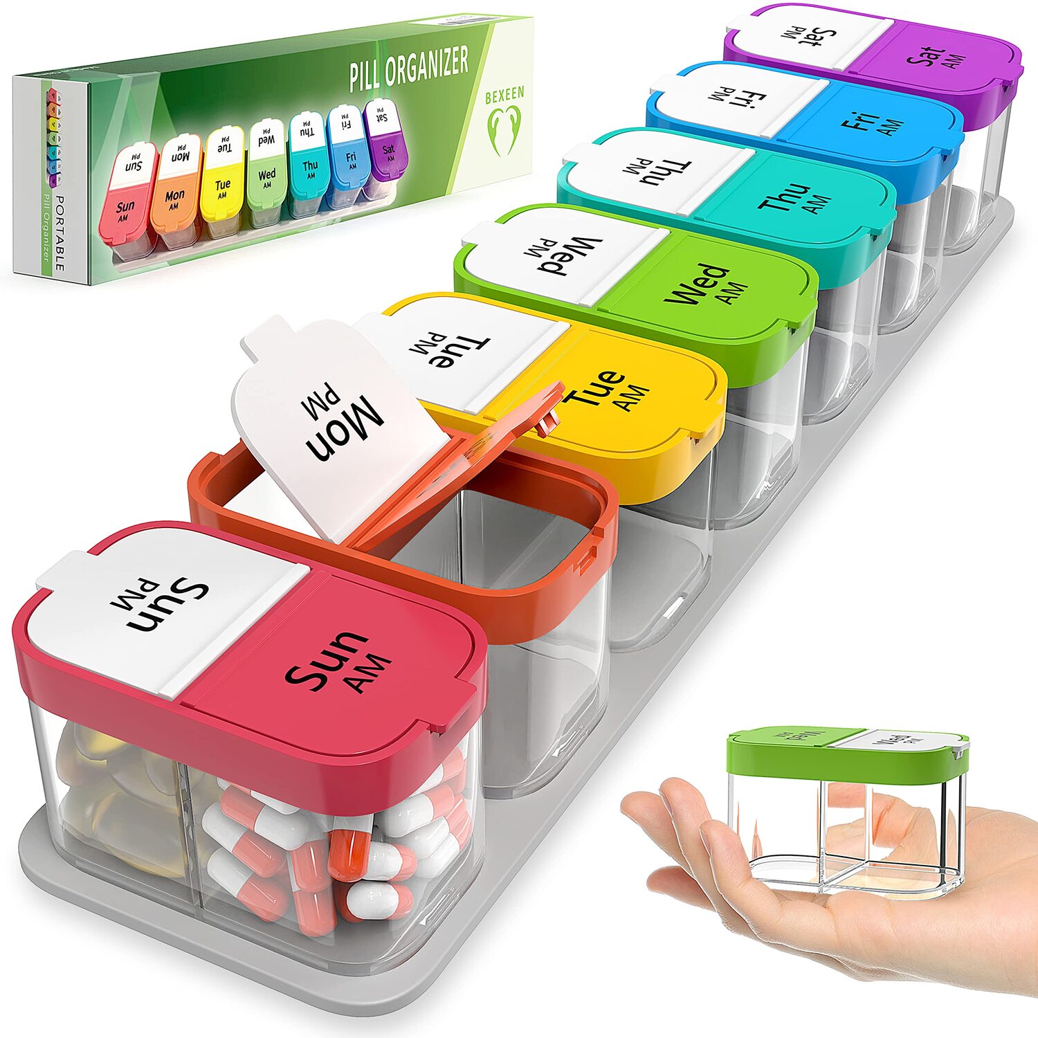 Extra Large Supplement Organizer with XL 7 Large Compartments, TPU Soft Lid  Easy to Load and to Use Pill Dispenser, 1 Month Jumbo Vitamin Holder
