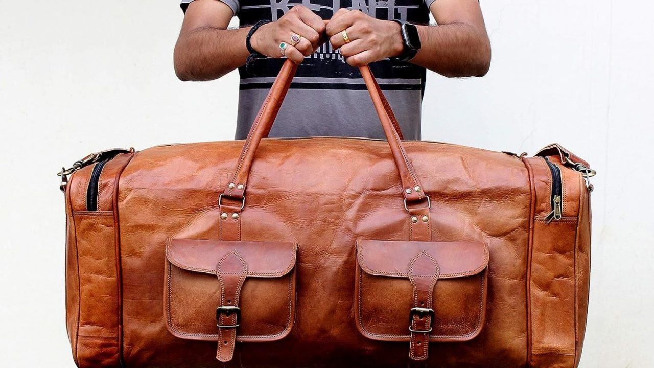 Komalc Leather Travel Duffle Bags for Men and Women Full Grain Leather Overnight Weekend Leather Bags Sports Gym Duffle. (Buffalo Distressed Tan)