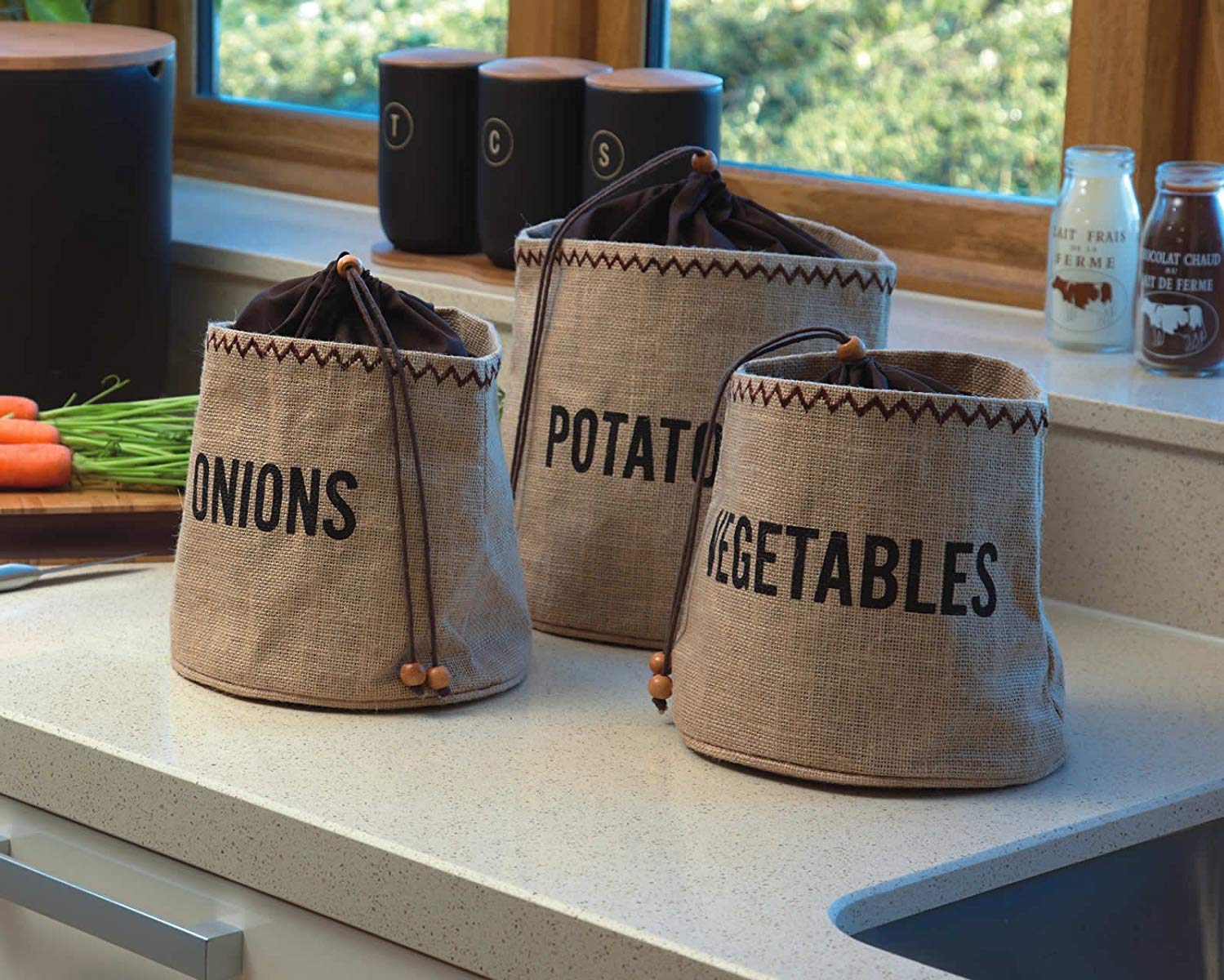 Potato and Onion Storage Baskets Pack of 3 Lined Burlap Pantry Storage