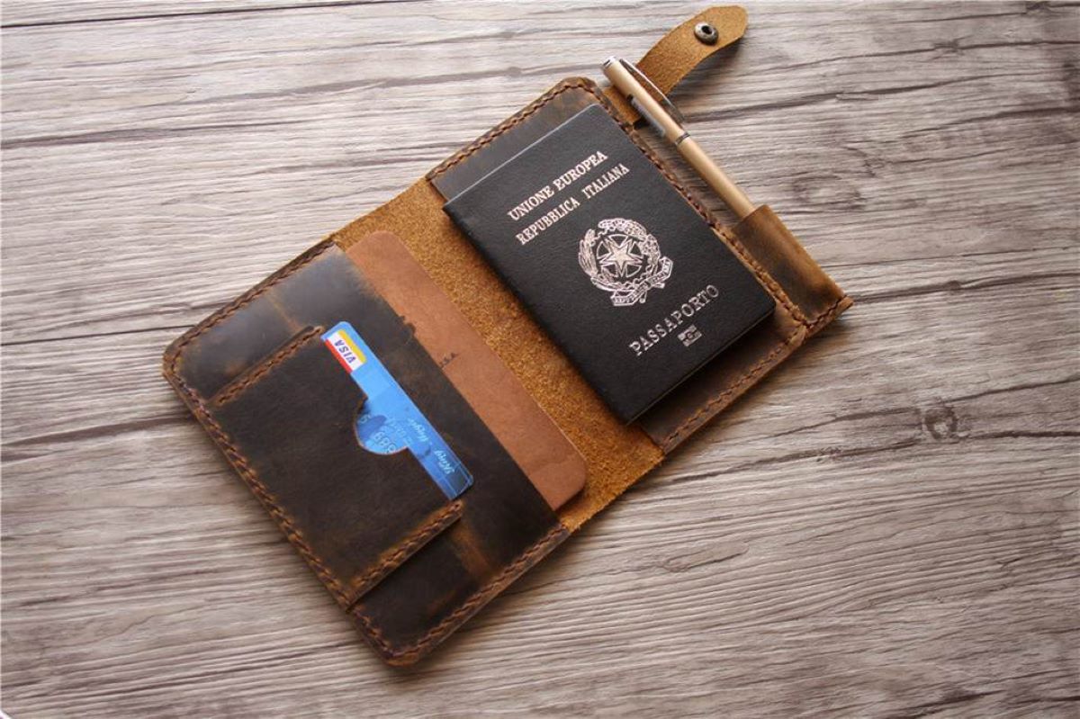 Polare Full Grain Leather Passport Holder with YKK Zipper RFID Blocking Travel Document Organizer Ticket Holder Cover Case Holds 2 Passports Dark