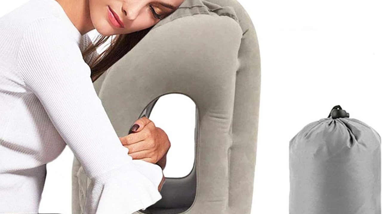 JefDiee Inflatable Travel Pillow, Airplane Neck Pillow Comfortably Supports  Head and Chin for Airplanes, Trains, Cars Office Napping on The Tray Table